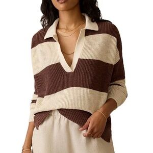 Faherty Miramar Knit Striped V-Neck Long Sleeve Rugby Polo